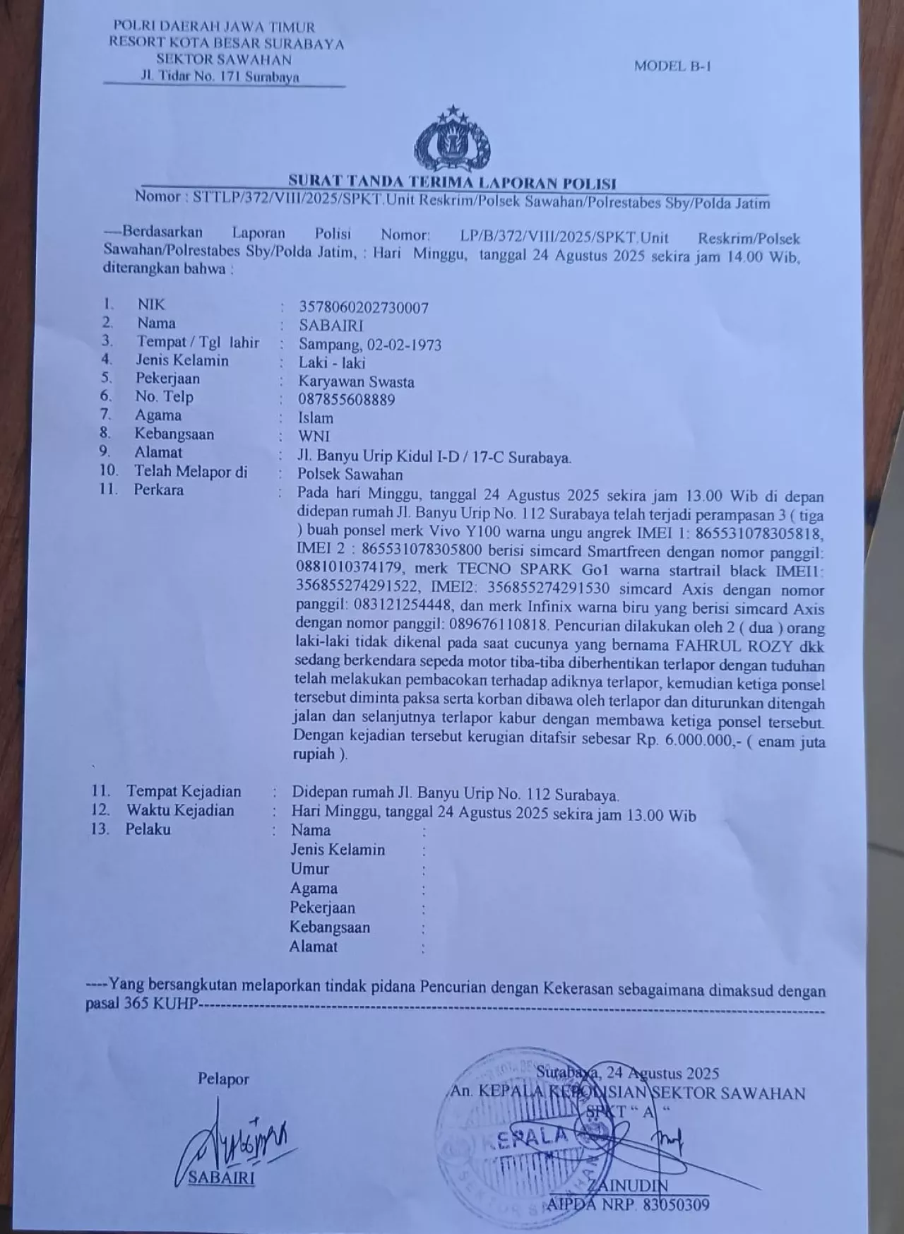 Tiga Remaja Banyu Urip Kidul Jadi Korban Perampasan HP, Kakek Korban Lapor ke Polsek Sawahan