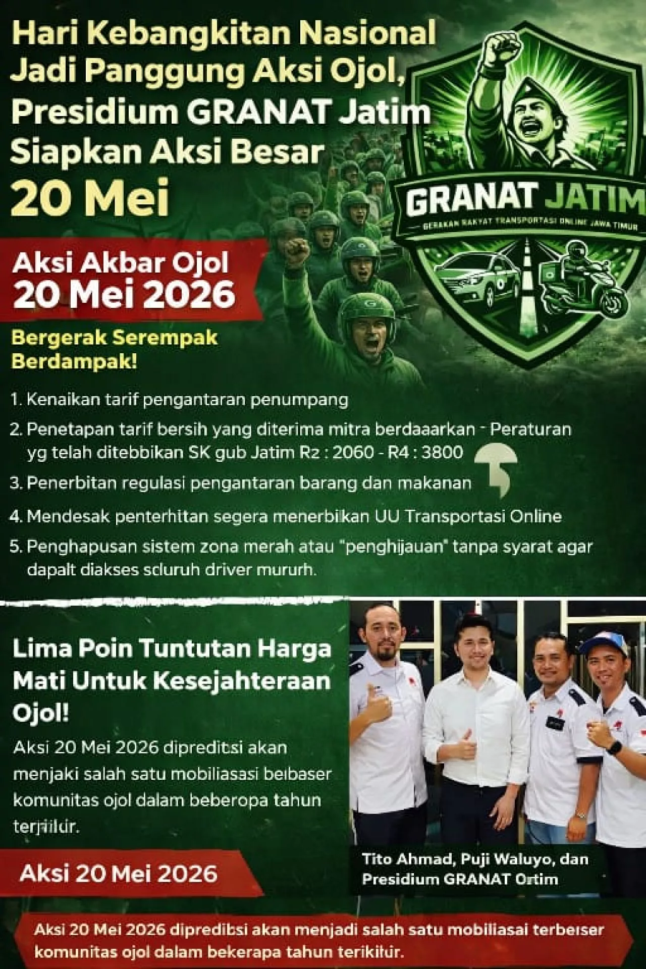 Hari Kebangkitan Nasional Jadi Panggung Aksi Ojol, Presidium GRANAT Jatim Siapkan Aksi Besar 20 Mei