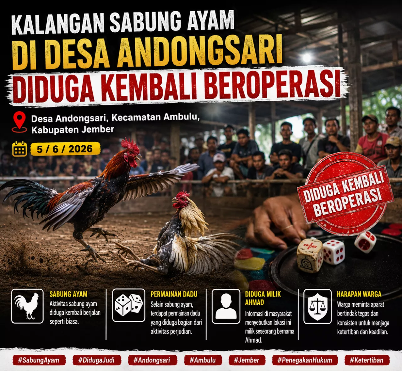 Diduga Aktivitas Sabung Ayam dan Perjudian Kembali Beroperasi di Desa Andongsari, Warga Minta Penegakan Hukum Tegas