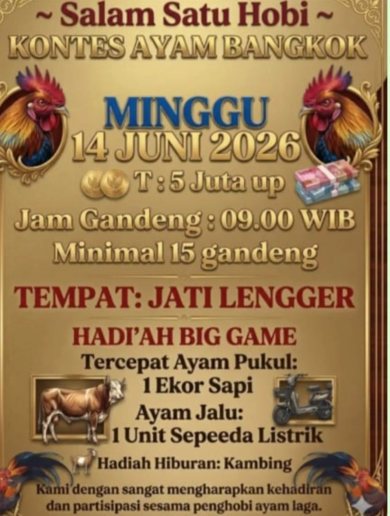 Kontes Ayam Bangkok Berhadiah Sapi di Blitar Disorot, Warga Khawatir Jadi Ajang Judi Terselubung.